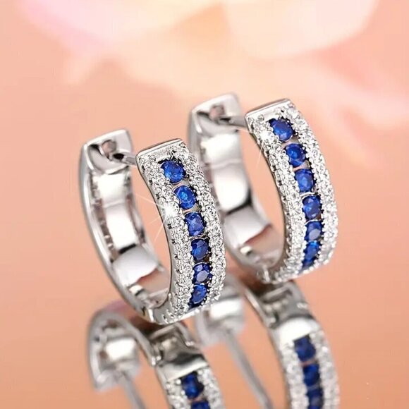 Small Huggie Earrings with Tons of Bling Blue Zircon #1412 - Picture 5 of 6